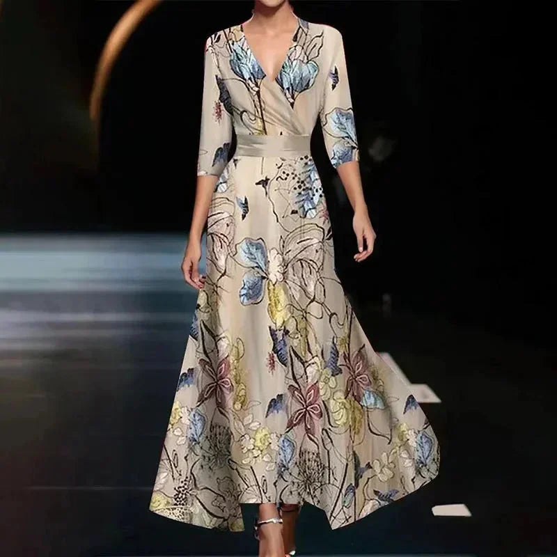 Vestito lungo donna con scollo a V, stampa floreale e cintura