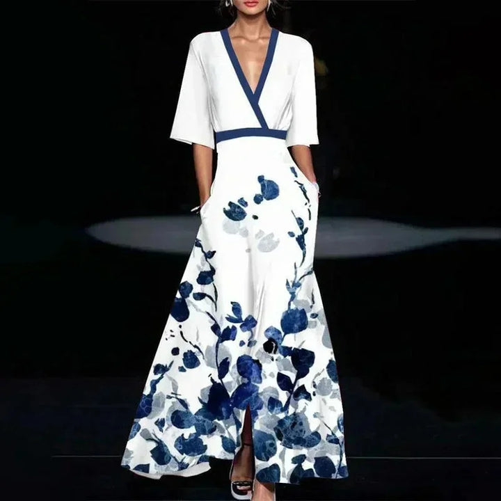 Vestito lungo donna con scollo a V, stampa floreale e cintura