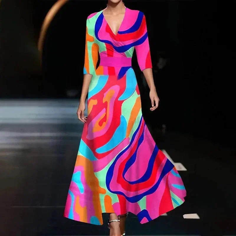 Vestito lungo donna con scollo a V, stampa floreale e cintura