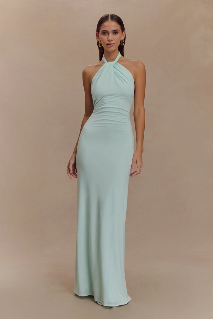 Vestito lungo donna schiena nuda color menta delicata