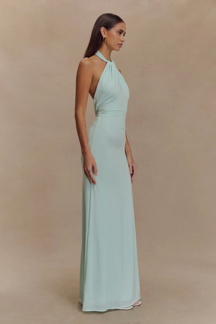 Vestito lungo donna schiena nuda color menta delicata