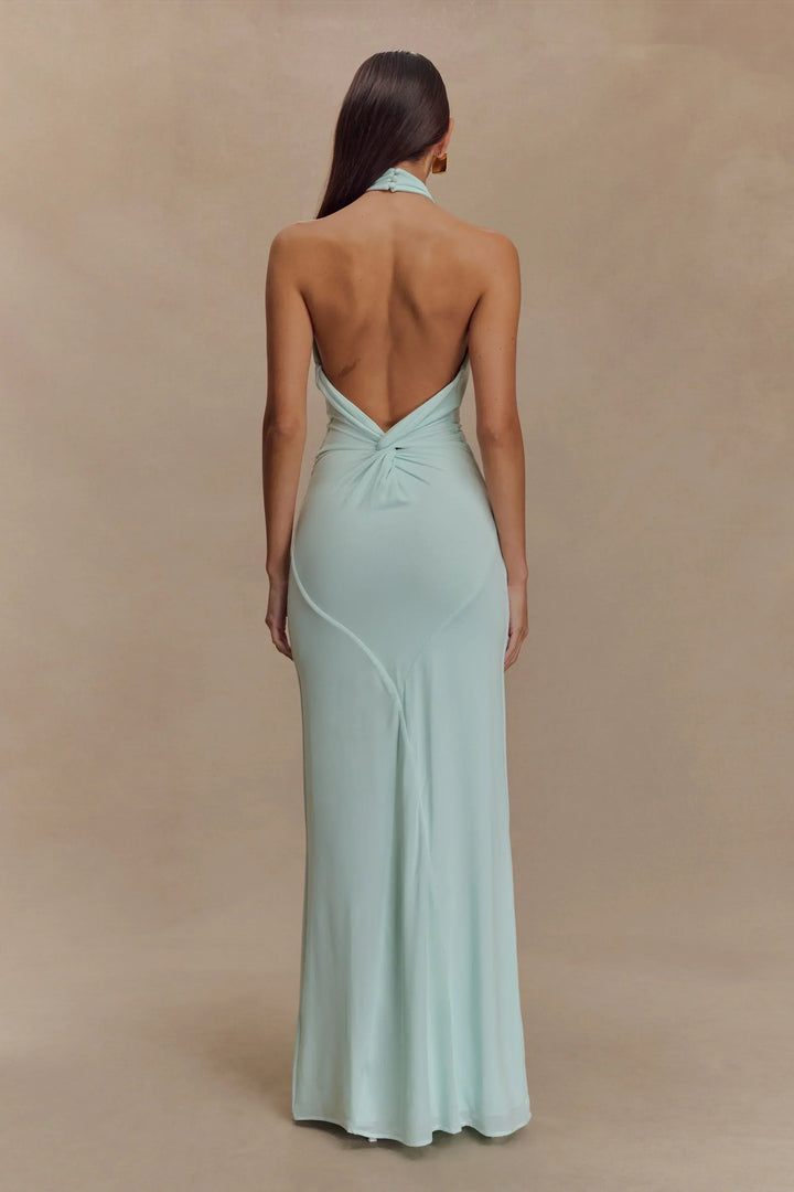 Vestito lungo donna schiena nuda color menta delicata