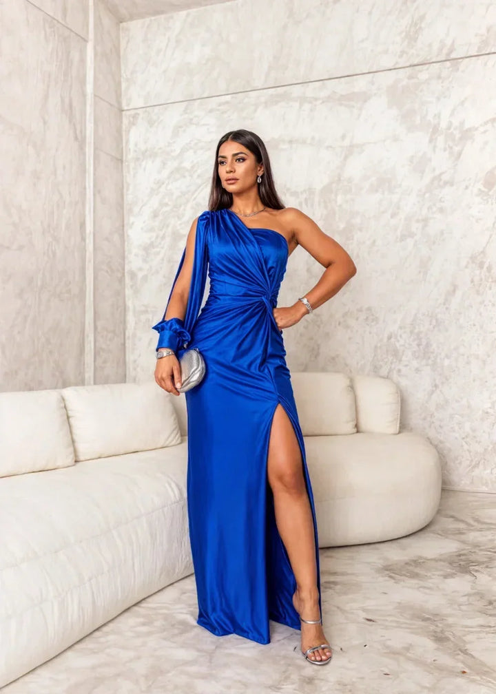 Vestito lungo donna drappeggiato a una Spalla con spacco elegante