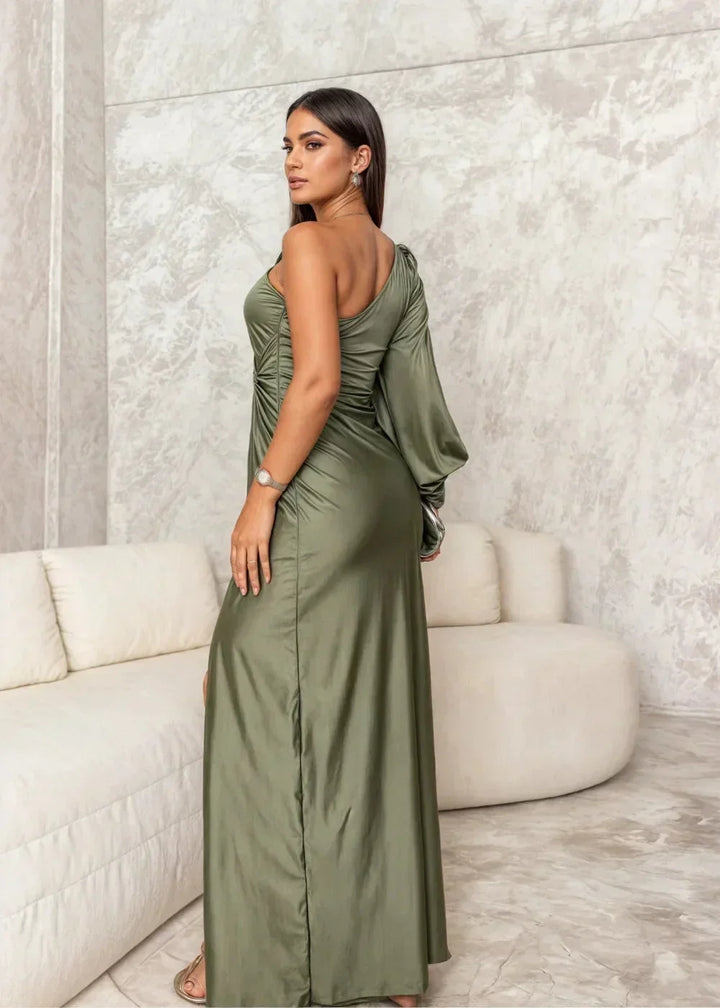 Vestito lungo donna drappeggiato a una Spalla con spacco elegante