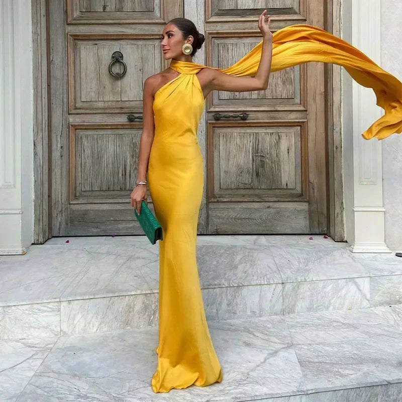 Vestito lungo donna drappeggiato con spallina unica