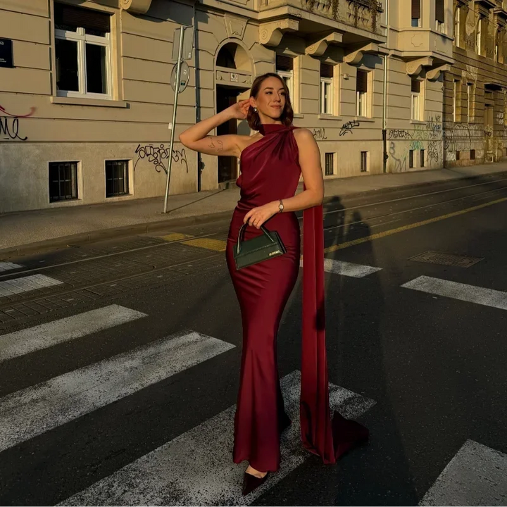 Vestito lungo donna drappeggiato con spallina unica