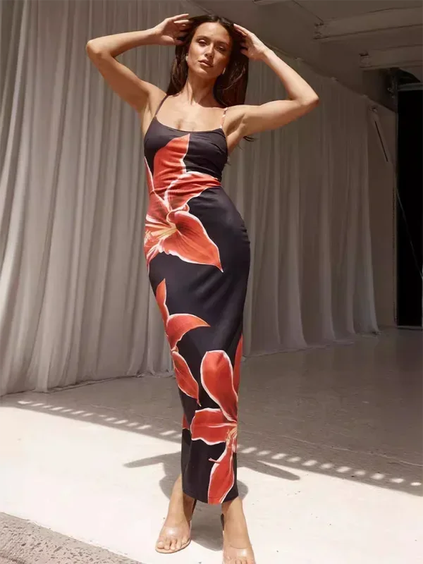 Vestito lungo donna con spalline sottili e stampa floreale