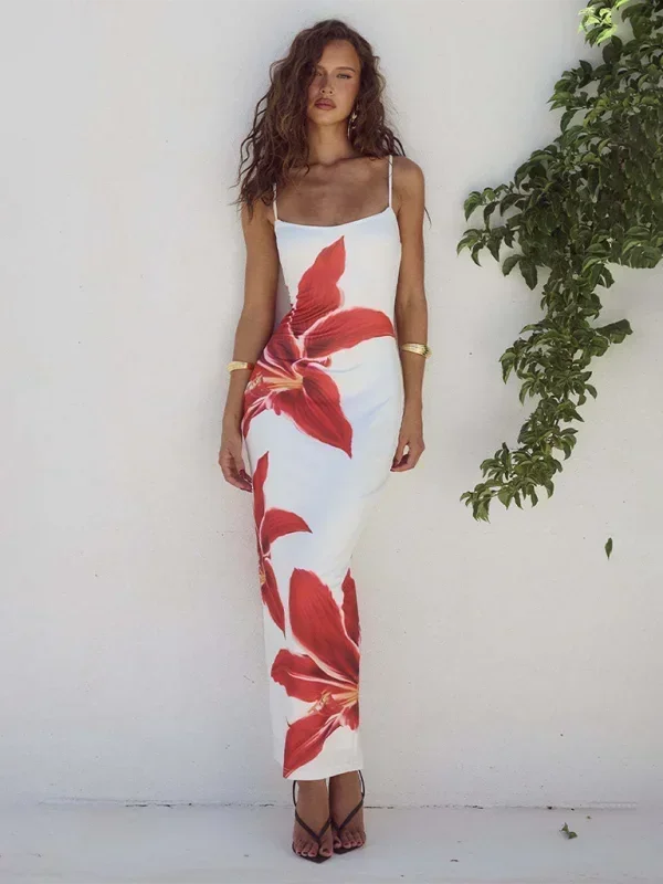 Vestito lungo donna con spalline sottili e stampa floreale