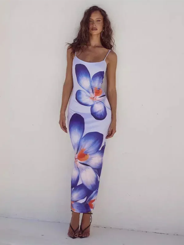 Vestito lungo donna con spalline sottili e stampa floreale
