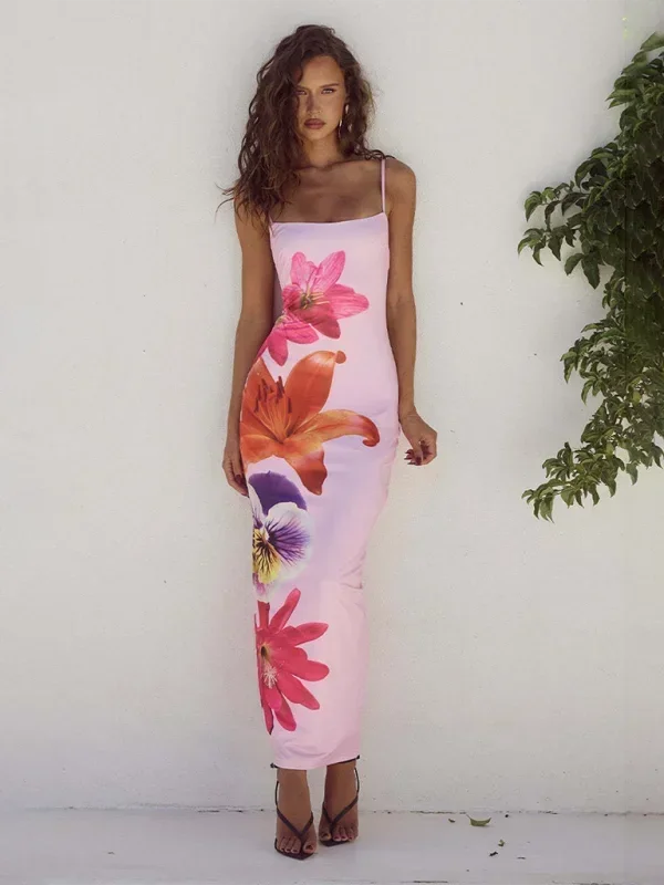 Vestito lungo donna con spalline sottili e stampa floreale