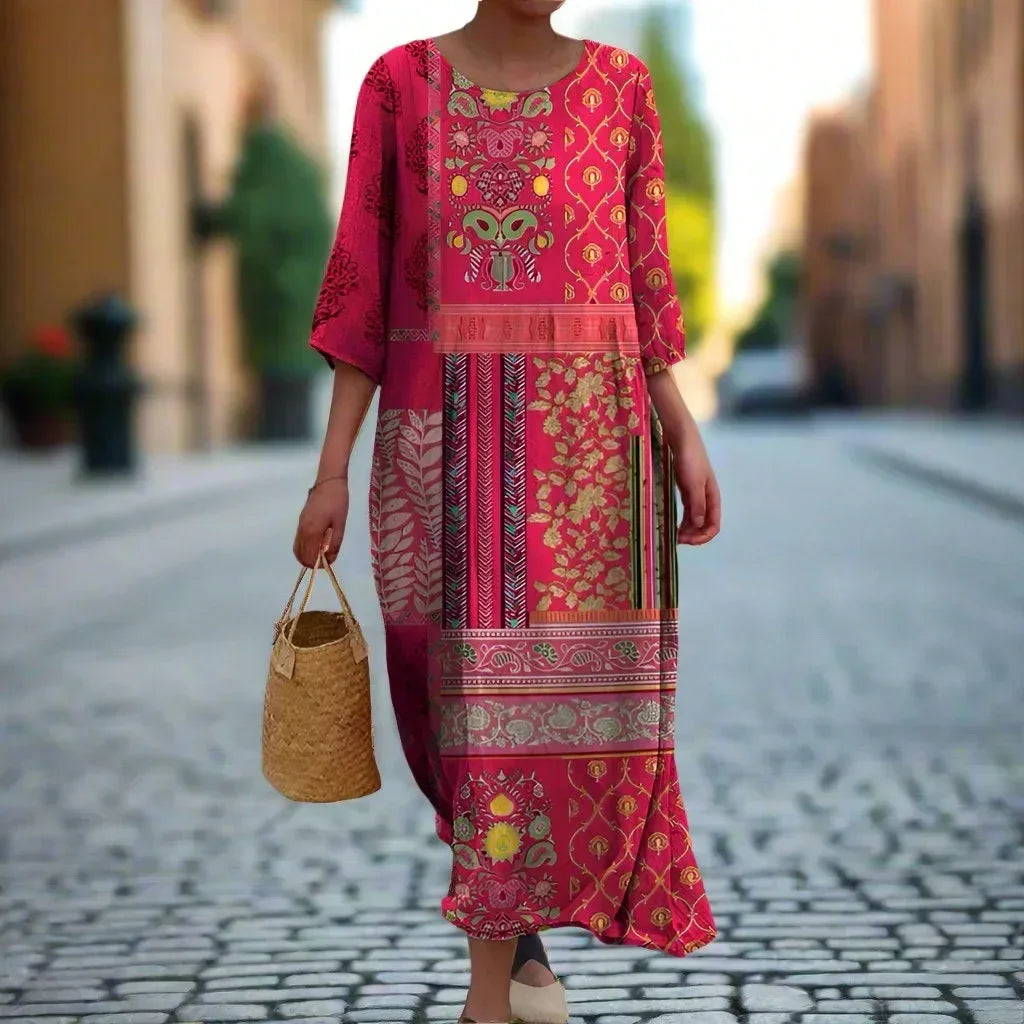 Vestito lungo donna stampa etnica maniche 3/4 rosa