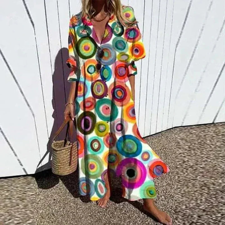 Vestito lungo donna con stampa floreale, scollo a V e maniche a metà braccio