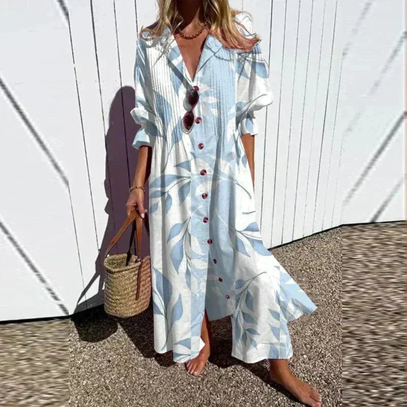 Vestito lungo donna con stampa floreale, scollo a V e maniche a metà braccio