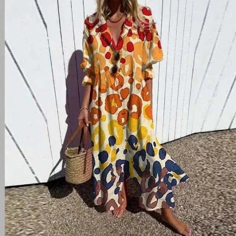 Vestito lungo donna con stampa floreale, scollo a V e maniche a metà braccio
