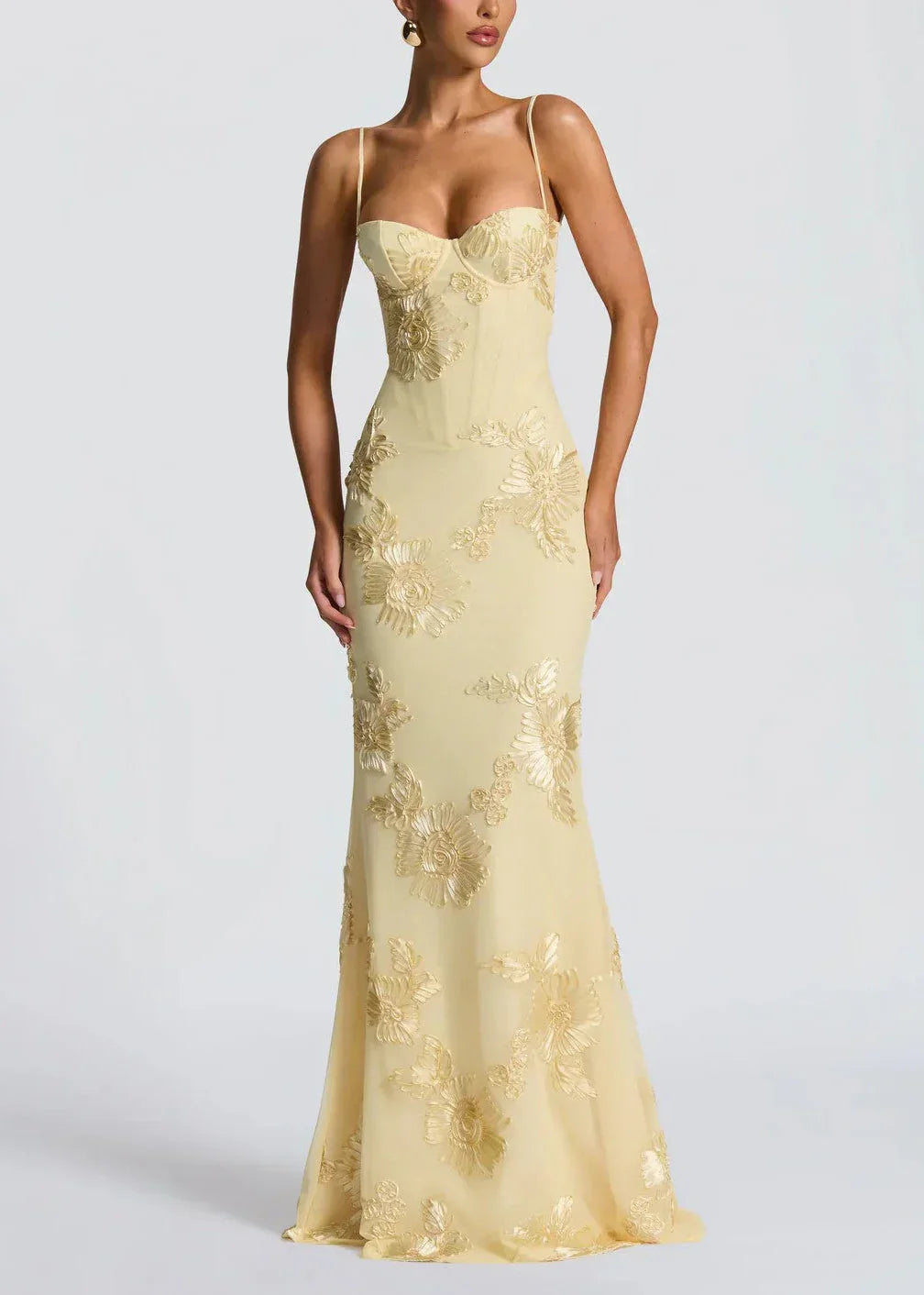 Vestito lungo donna giallo con ricamo floreale