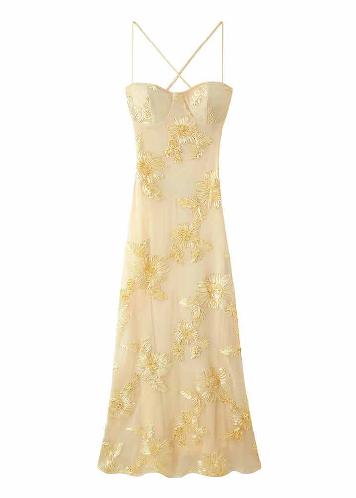 Vestito lungo donna giallo con ricamo floreale