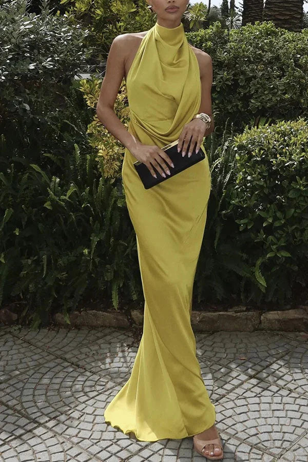 Vestito lungo donna giallo limone con collo drappeggiato