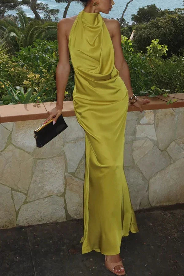 Vestito lungo donna giallo limone con collo drappeggiato