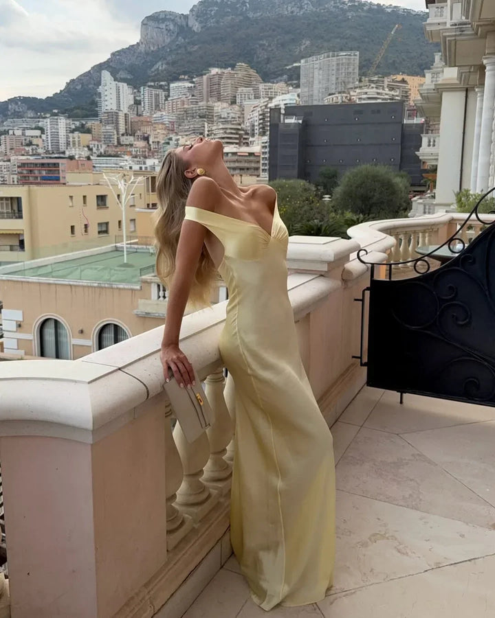 Vestito lungo donna giallo a spalle scoperte