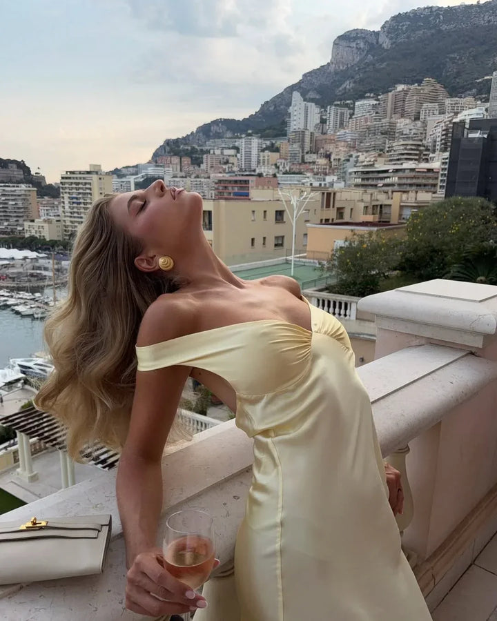 Vestito lungo donna giallo a spalle scoperte