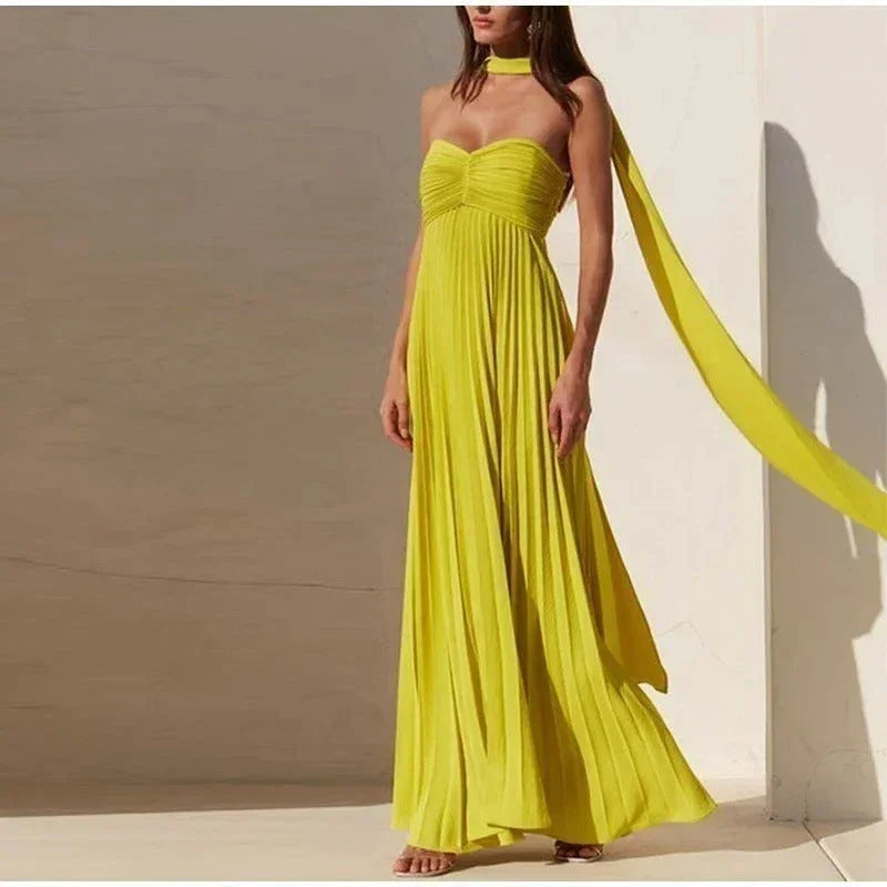 Vestito lungo donna giallo con colletto annodato