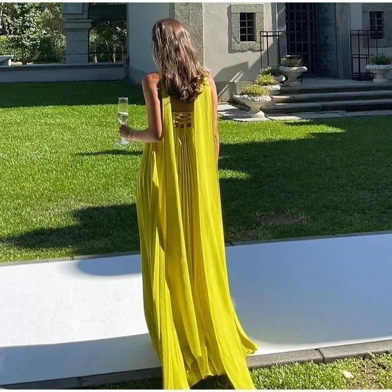 Vestito lungo donna giallo con colletto annodato