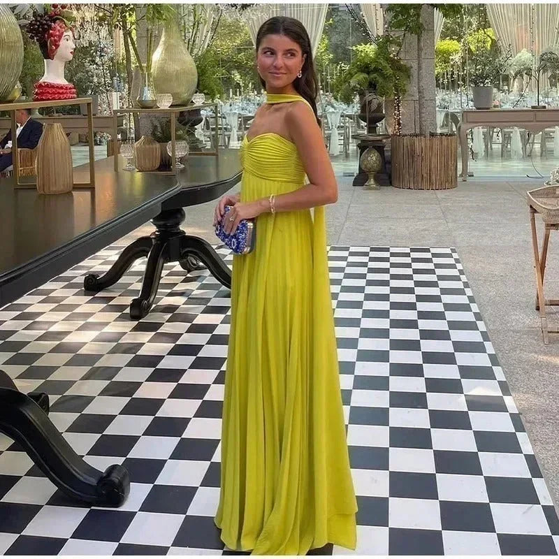 Vestito lungo donna giallo con colletto annodato