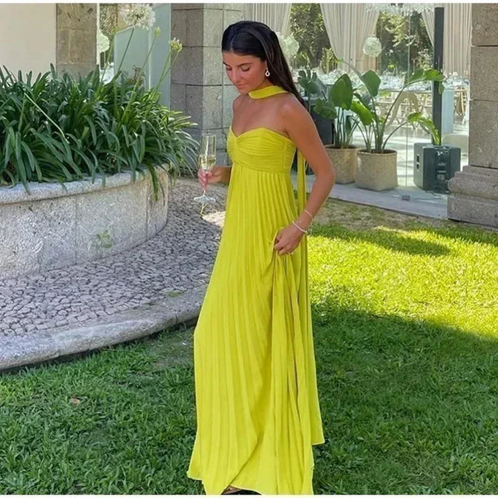 Vestito lungo donna giallo con colletto annodato