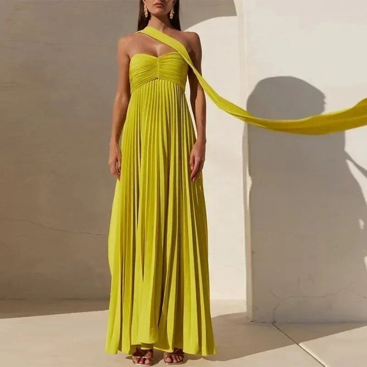 Vestito lungo donna giallo con colletto annodato