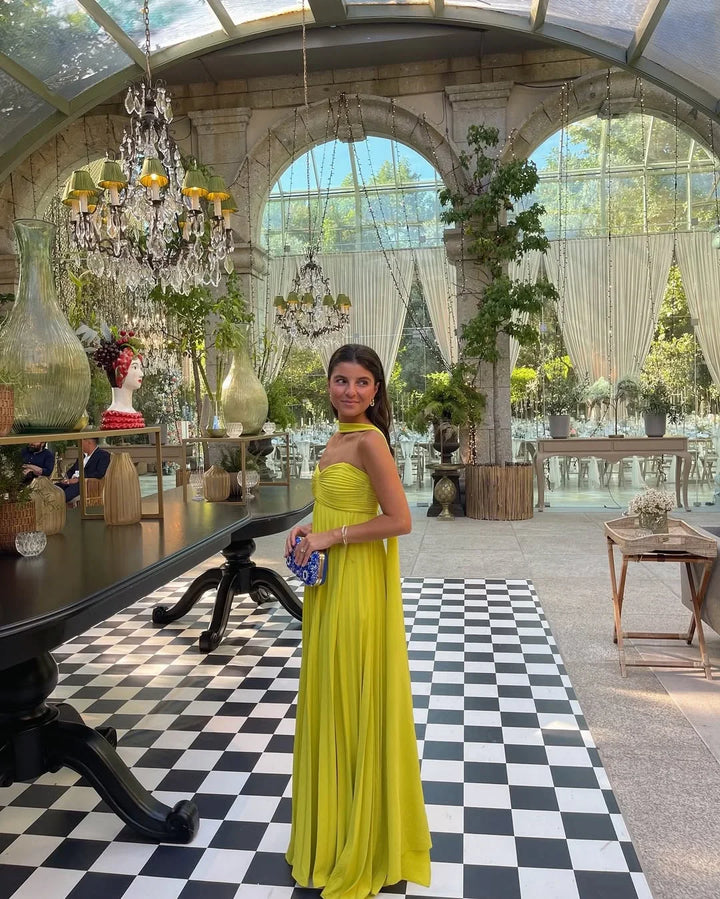 Vestito lungo donna giallo plissettato