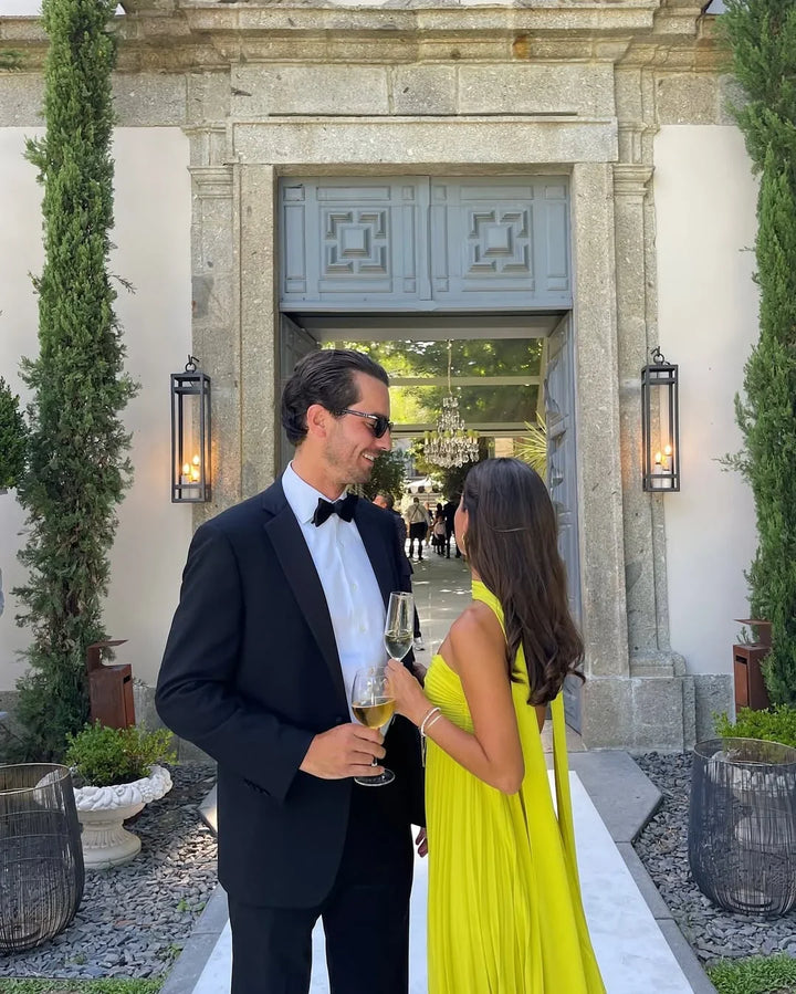Vestito lungo donna giallo plissettato