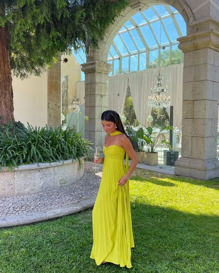 Vestito lungo donna giallo plissettato