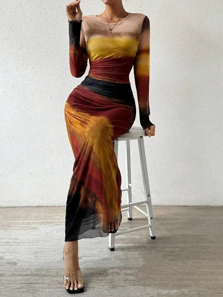 Vestito lungo donna a maniche lunghe e motivo unico