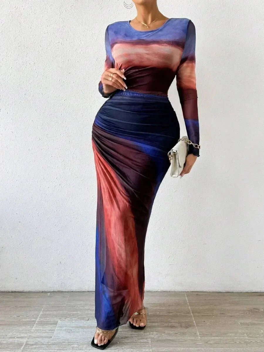 Vestito lungo donna a maniche lunghe e motivo unico