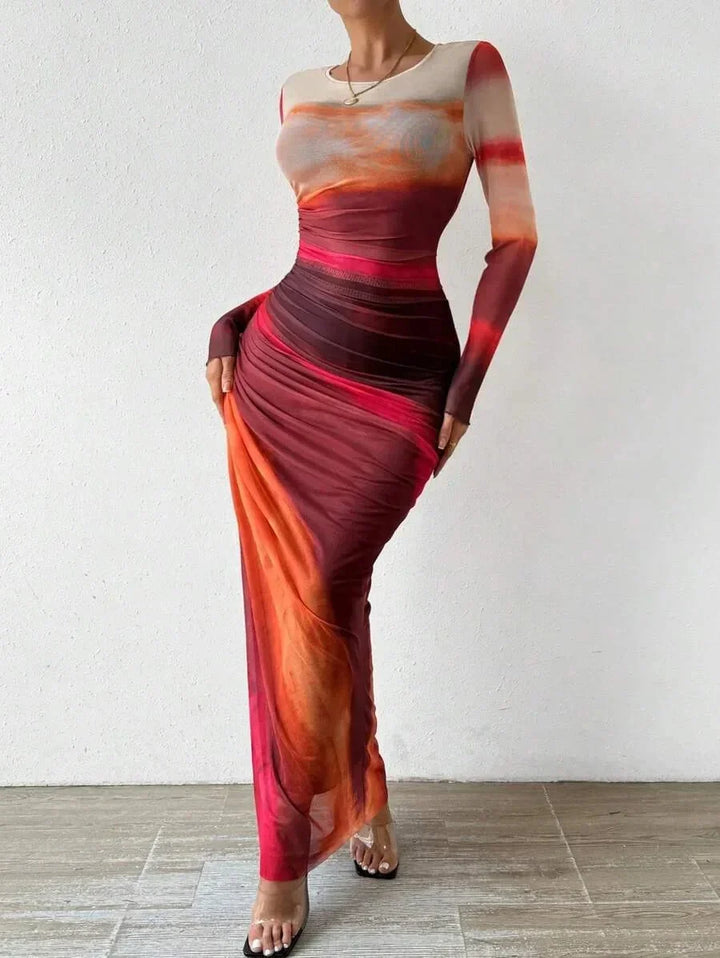 Vestito lungo donna a maniche lunghe e motivo unico