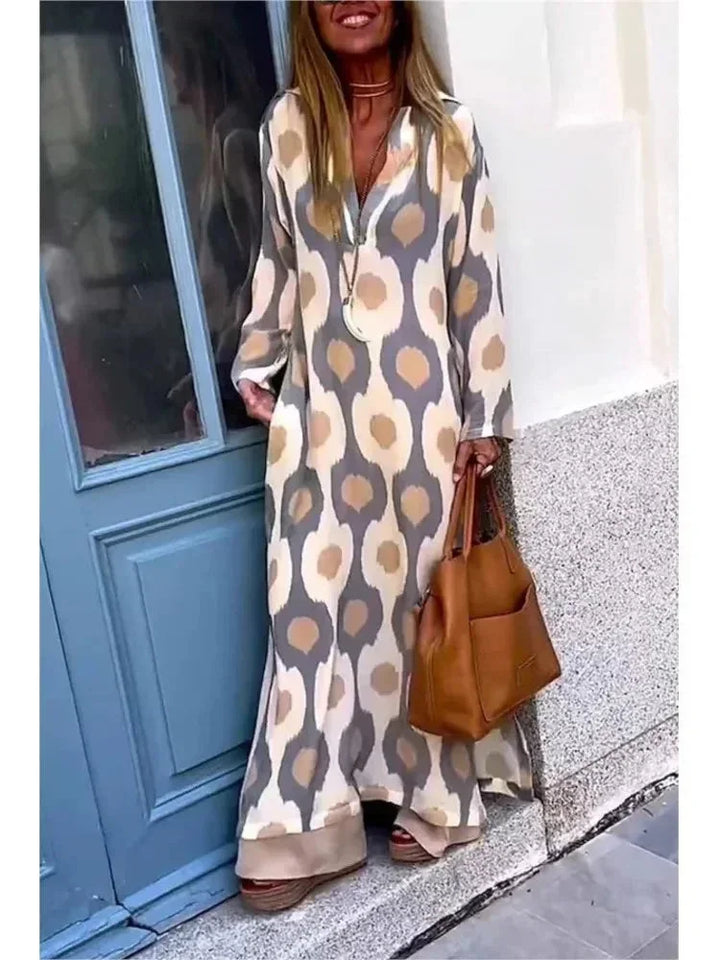 Vestito lungo donna con maniche lunghe, stampa, scollo a V e taglio fluido