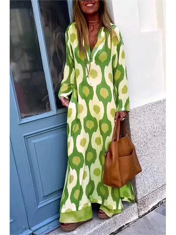 Vestito lungo donna con maniche lunghe, stampa, scollo a V e taglio fluido