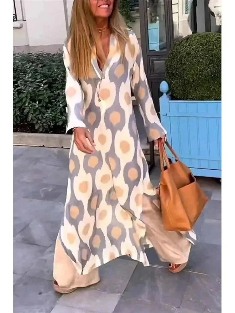 Vestito lungo donna con maniche lunghe, stampa, scollo a V e taglio fluido