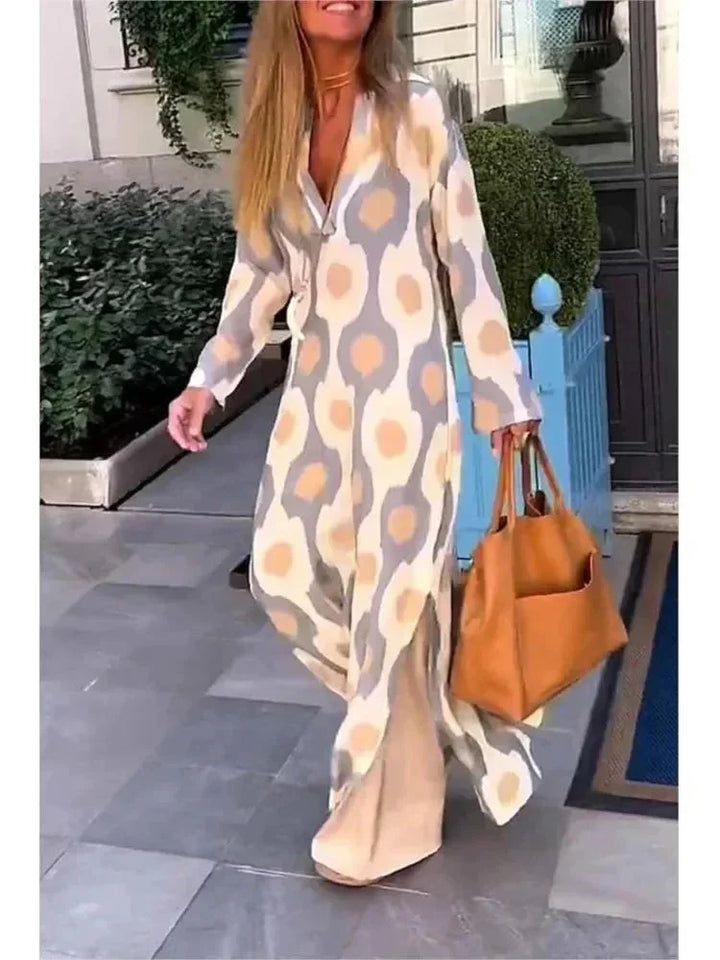 Vestito lungo donna con maniche lunghe, stampa, scollo a V e taglio fluido