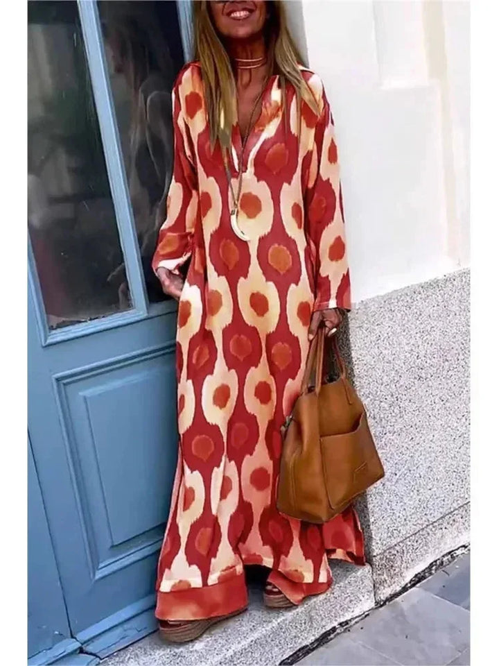 Vestito lungo donna con maniche lunghe, stampa, scollo a V e taglio fluido