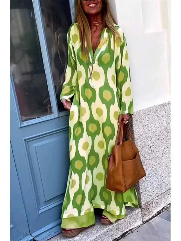 Vestito lungo donna con maniche lunghe, stampa, scollo a V e taglio fluido