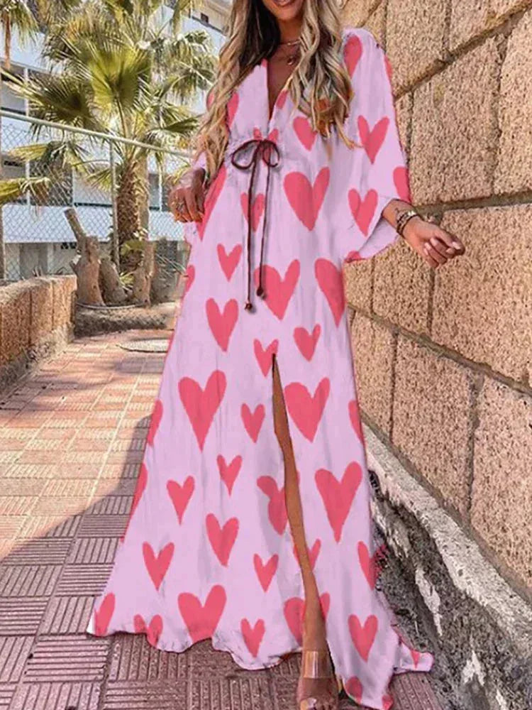Vestito lungo donna a motivi con cintura e maniche lunghe