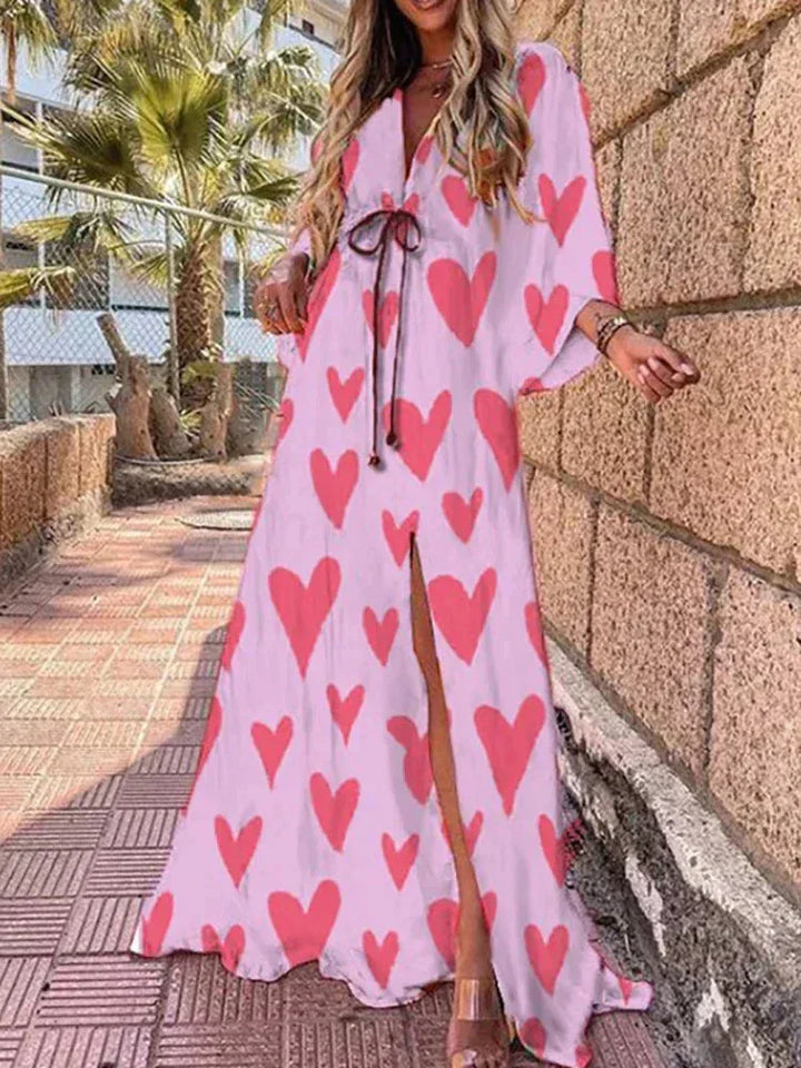 Vestito lungo donna a motivi con cintura e maniche lunghe
