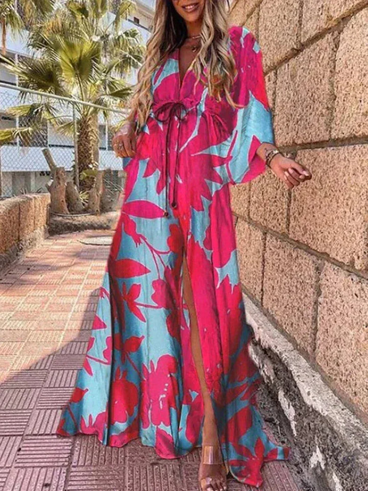 Vestito lungo donna a motivi con cintura e maniche lunghe