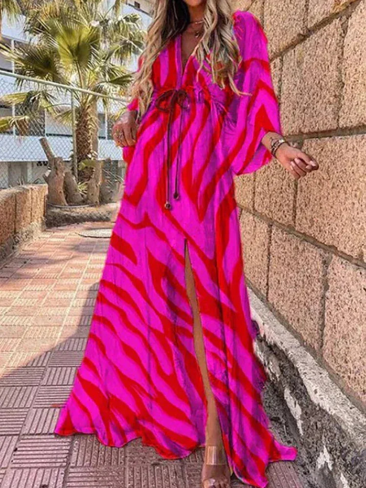 Vestito lungo donna a motivi con cintura e maniche lunghe
