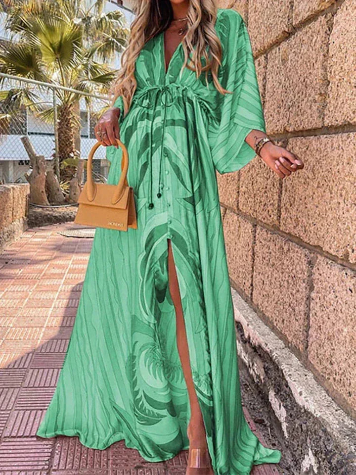 Vestito lungo donna a motivi con cintura e maniche lunghe
