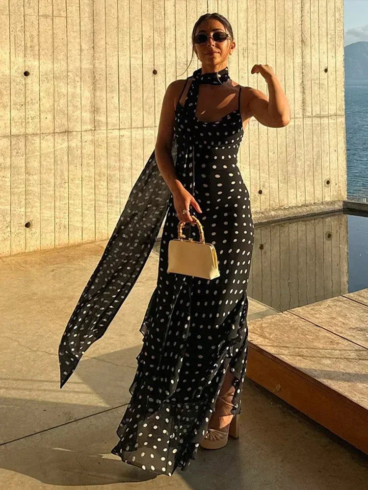 Vestito lungo donna nero a pois