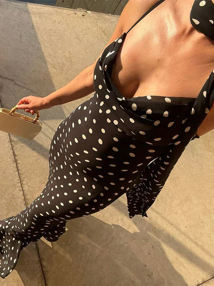 Vestito lungo donna nero a pois
