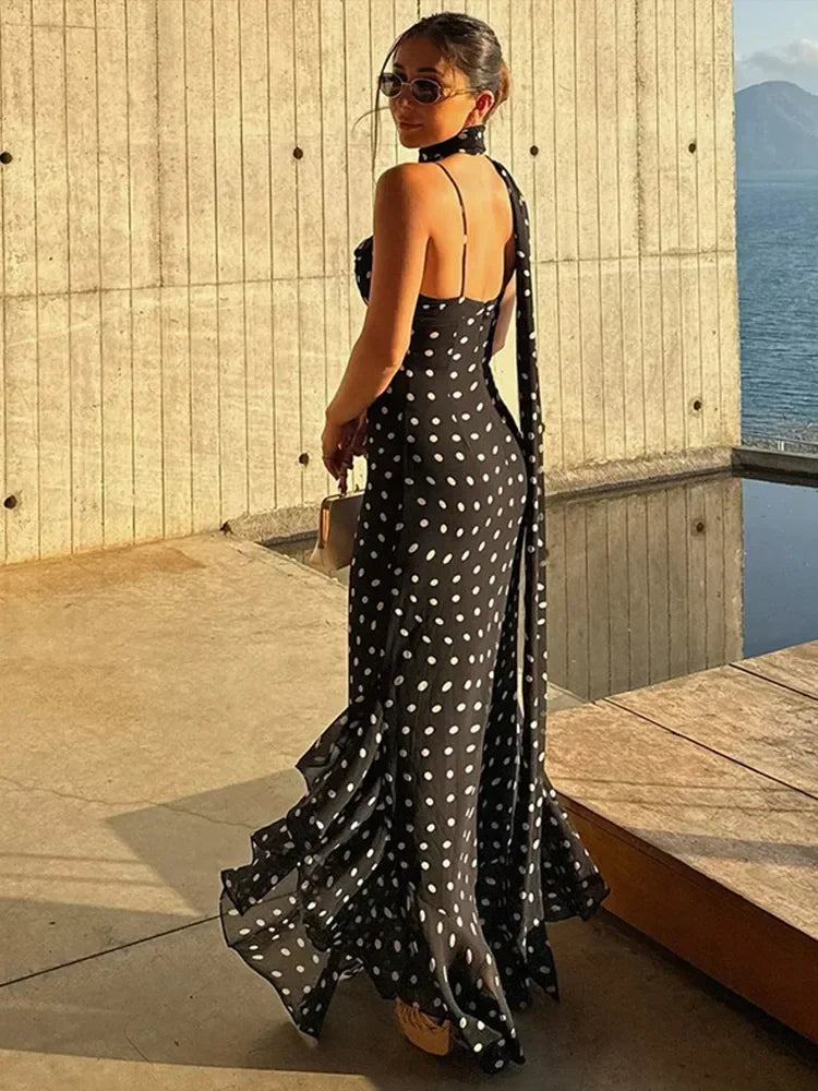 Vestito lungo donna nero a pois