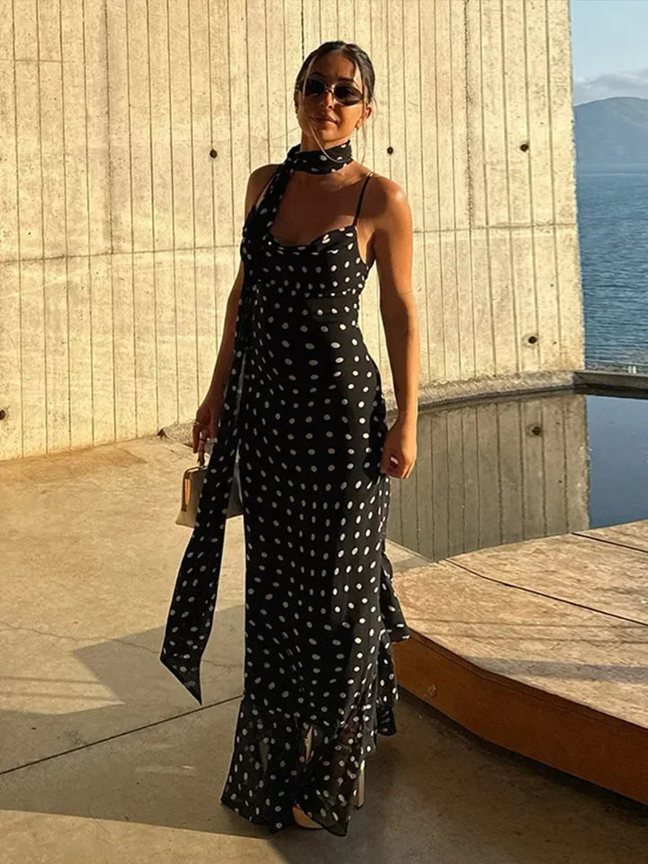 Vestito lungo donna nero a pois